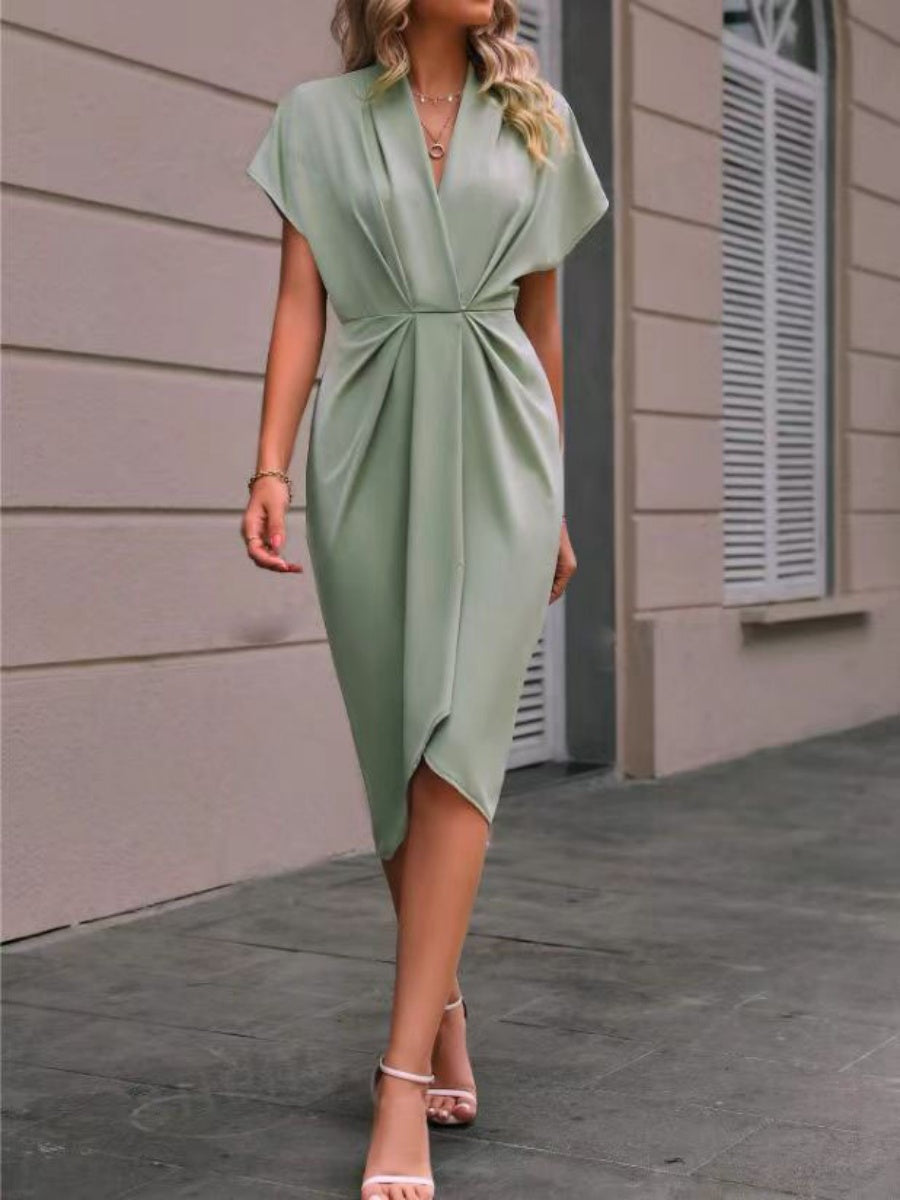 V-neck Solid Color Sleeveless Pleated Mini&Short Dresses