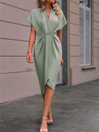 V-neck Solid Color Sleeveless Pleated Mini&Short Dresses
