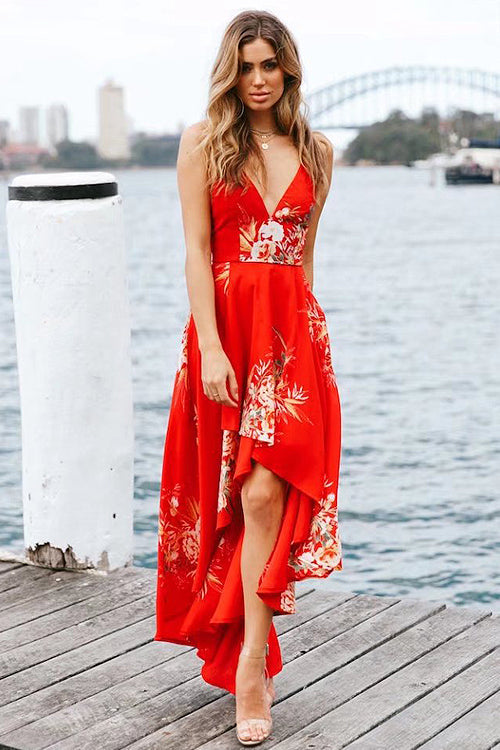 Floral Print Spaghetti Strap V-Neck High Low Ruffle Hem Maxi Dress