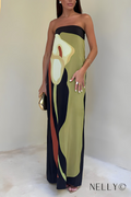 Katia Aesthetic Strapless Color Block Print Maxi Dress Elevated Occasion Wear