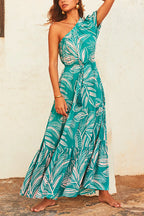 One Shoulder Drawstring Waist Printed Flowy Maxi Dress