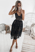 Scalloped Lace Deep V-Neck Spaghetti Strap Fit and Flare Midi Dress