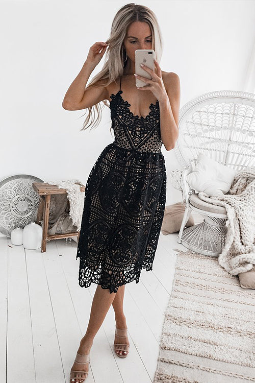 Scalloped Lace Deep V-Neck Spaghetti Strap Fit and Flare Midi Dress