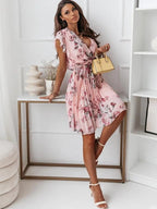 Ruffled Short-sleeved V-neck Floral Print Mini Dress