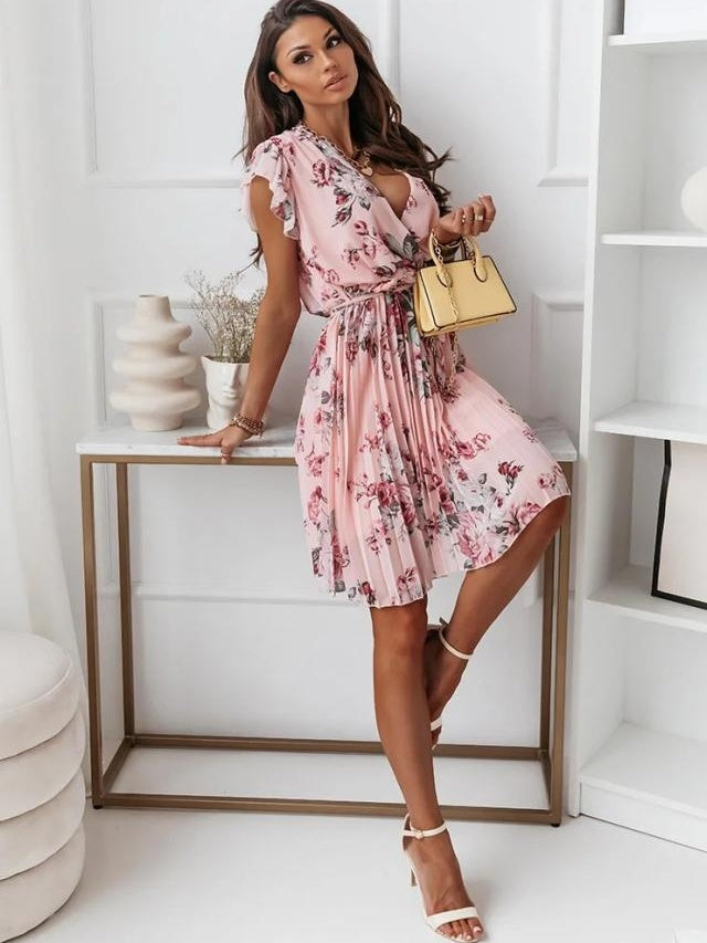 Ruffled Short-sleeved V-neck Floral Print Mini Dress