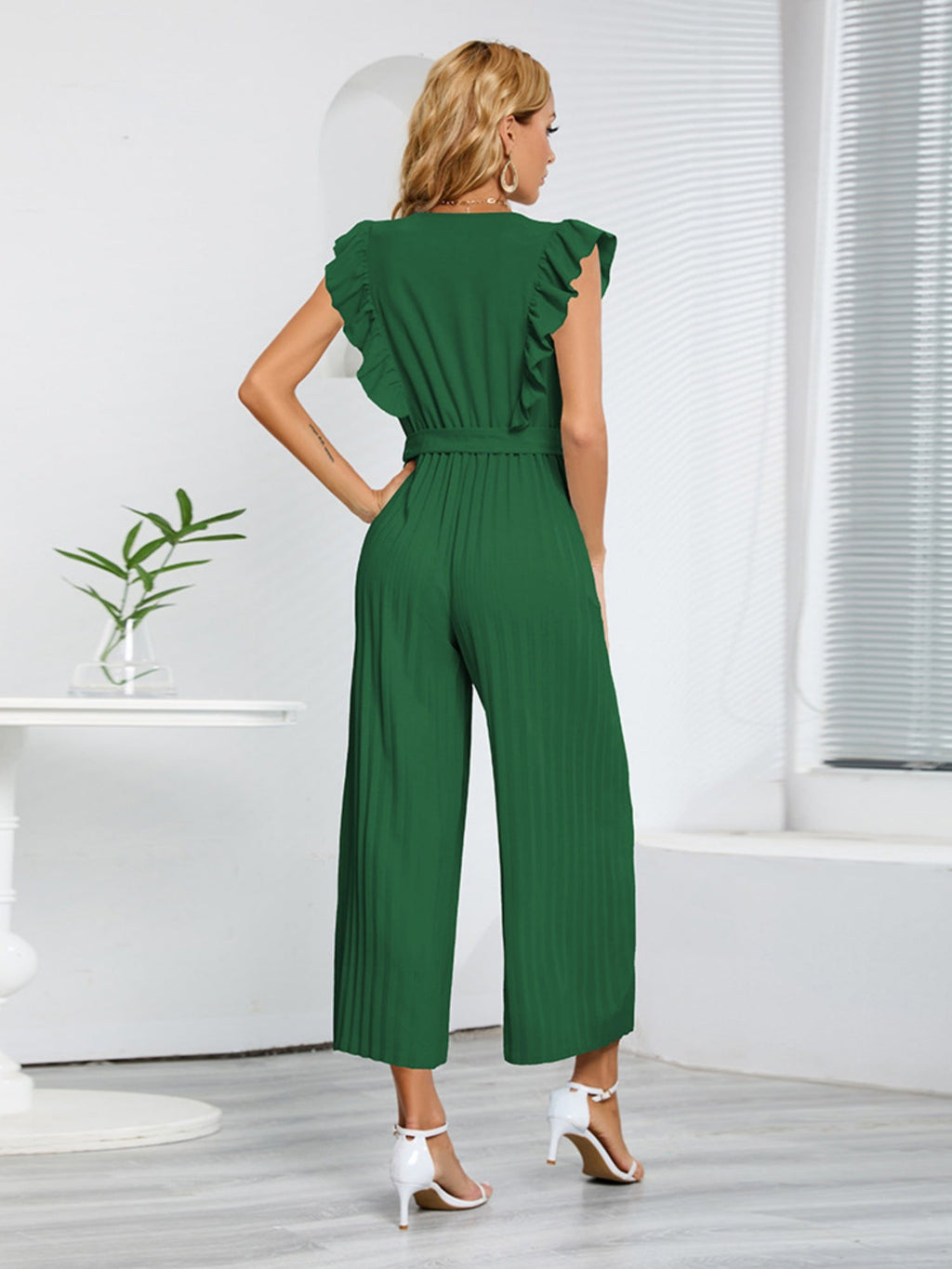 Ruffled V-neck High-waisted Sleeveless Pleated Belt Jumpsuits