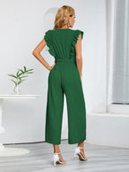 Ruffled V-neck High-waisted Sleeveless Pleated Belt Jumpsuits