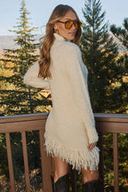 Turtleneck Fuzzy Knit Fringe Hem Long Sleeve Mini Dress