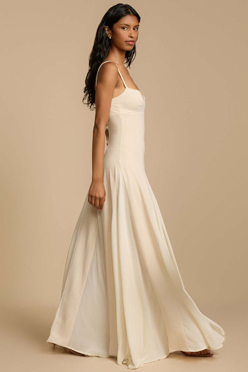 Spaghetti Strap Sweetheart Corset Bodice Pleated Godet Panel Maxi Dress