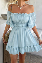 Contrast Trim Off Shoulder Ruffle Neck Smocked Waist Tiered Mini Dress