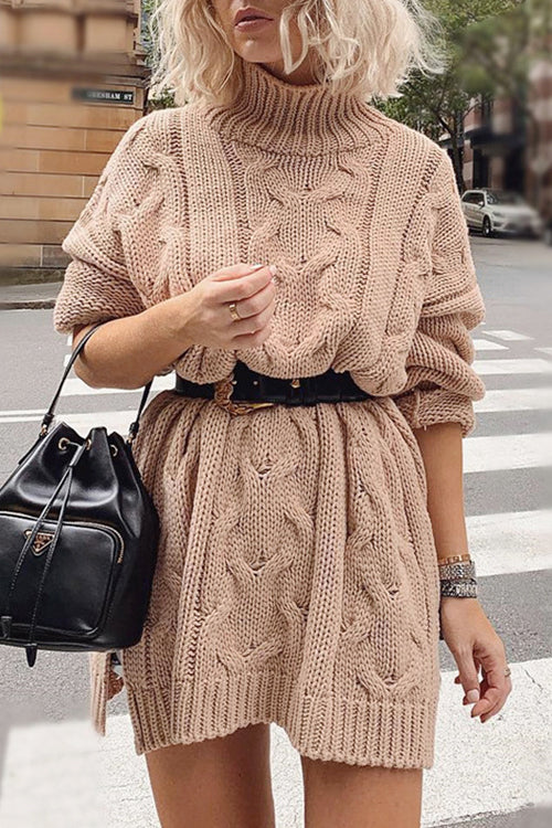 Cable Knit Turtleneck Mini Sweater Dress