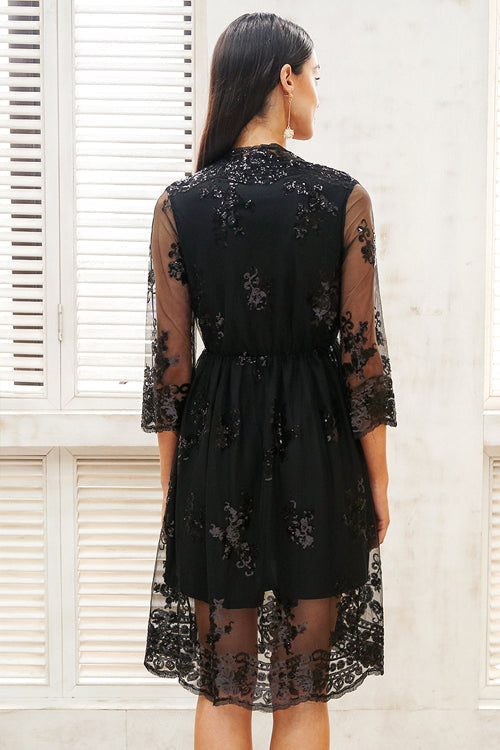 Floral Sequin Mesh Overlay Deep V-Neck Flutter Sleeve Midi Dress