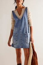 Deep V-Neck Patch Pocket Denim Pinafore Shift Mini Dress