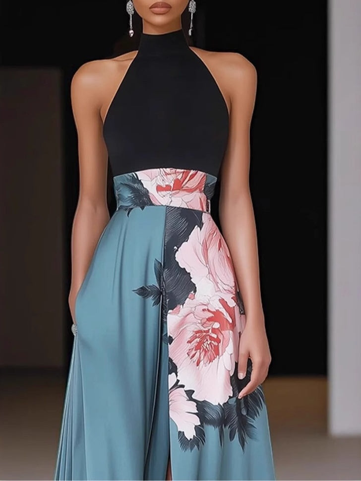 Floral Print Color Blocking Sleeveless Long Dress