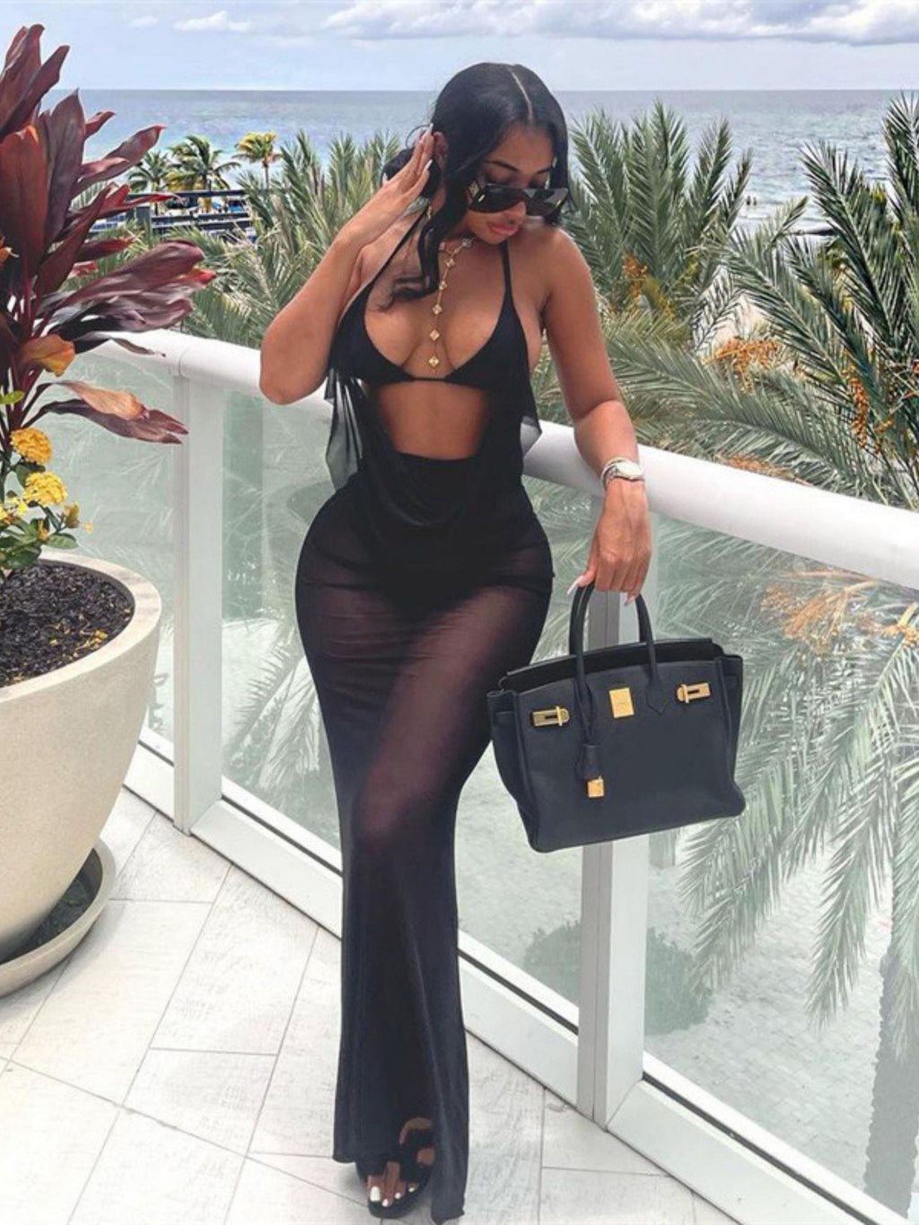 Hollow Out Mesh Splicing Perspective Halter Neck And Backless Maxi Dresses