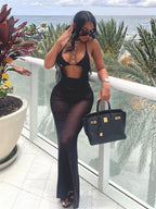 Hollow Out Mesh Splicing Perspective Halter Neck And Backless Maxi Dresses