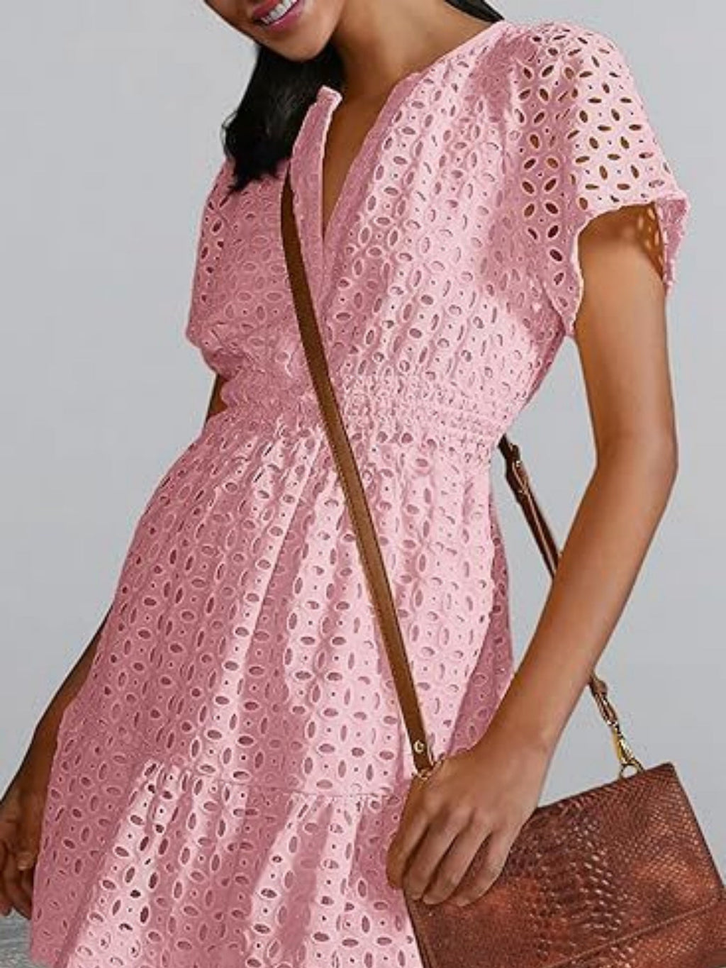 Lace Cutout V-neck Short Sleeve A-line Short Dress