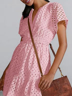 Lace Cutout V-neck Short Sleeve A-line Short Dress