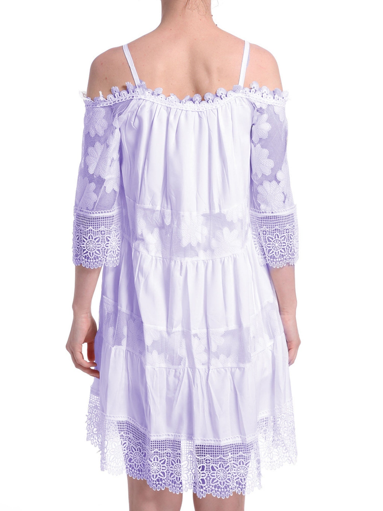 Lace Trim Hollow Out Splicing Spaghetti Strap Off-shoulder Mini&Short Dresses