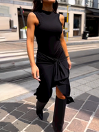 Mock Neck Sleeveless Knot Front Ruched Wrap Asymmetric Hem Midi Dress