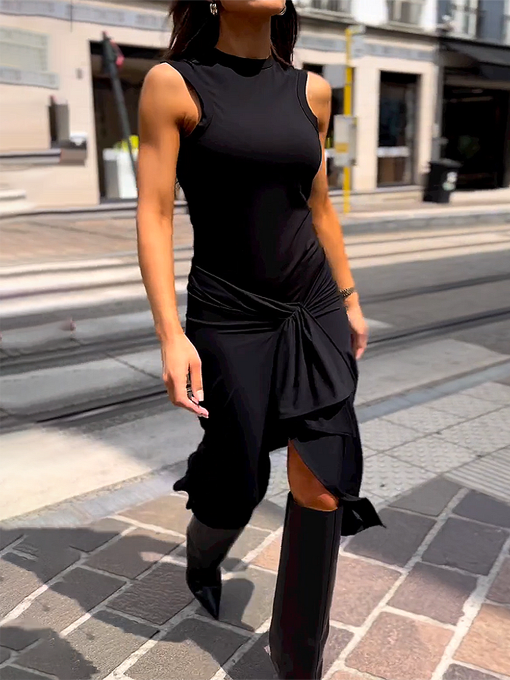 Mock Neck Sleeveless Knot Front Ruched Wrap Asymmetric Hem Midi Dress