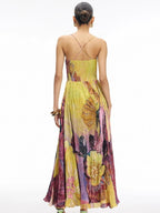 Bustier Cut Out Sweetheart Pleated Abstract Floral Maxi Dress