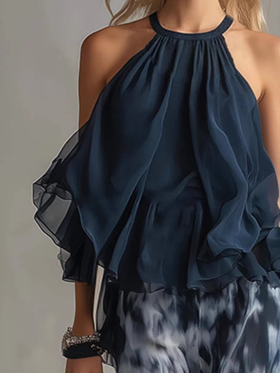 Sleeveless Camisoles Jacket Printed Loose-fit Leggings Chiffon Set 2-piece Sets