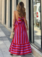 Stripes Halter Neck And Backless Maxi Dresses