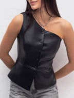 PU Leather Sleeveless, Off-shoulder, One-shoulder Single-breasted Cropped Vest