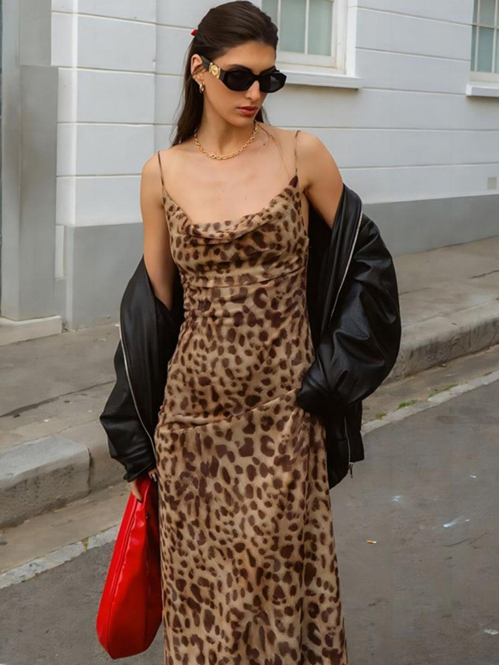 Leopard Print V-neck Backless Maxi Dresses