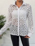 Long-sleeved Lace V-neck Sheer Top