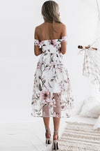 Floral Print Off Shoulder Organza Overlay Fit and Flare Midi Dress