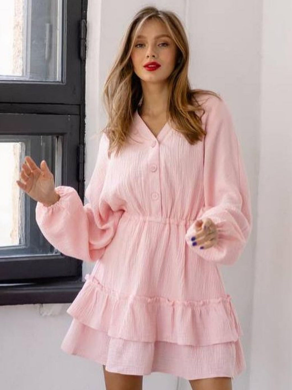 Ruffle Buttons V-neck Long Sleeve Mini&Short Dresses
