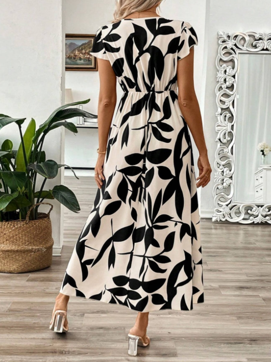 V-neck Ruffle Printed Vacation And Leisure Maxi Dresses