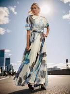 Pleated Printed Off Shoulder Vacation Maxi Dresses