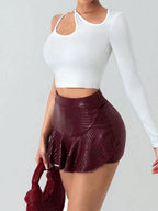PU Leather Crocodile Pattern Stretch Short Skirt