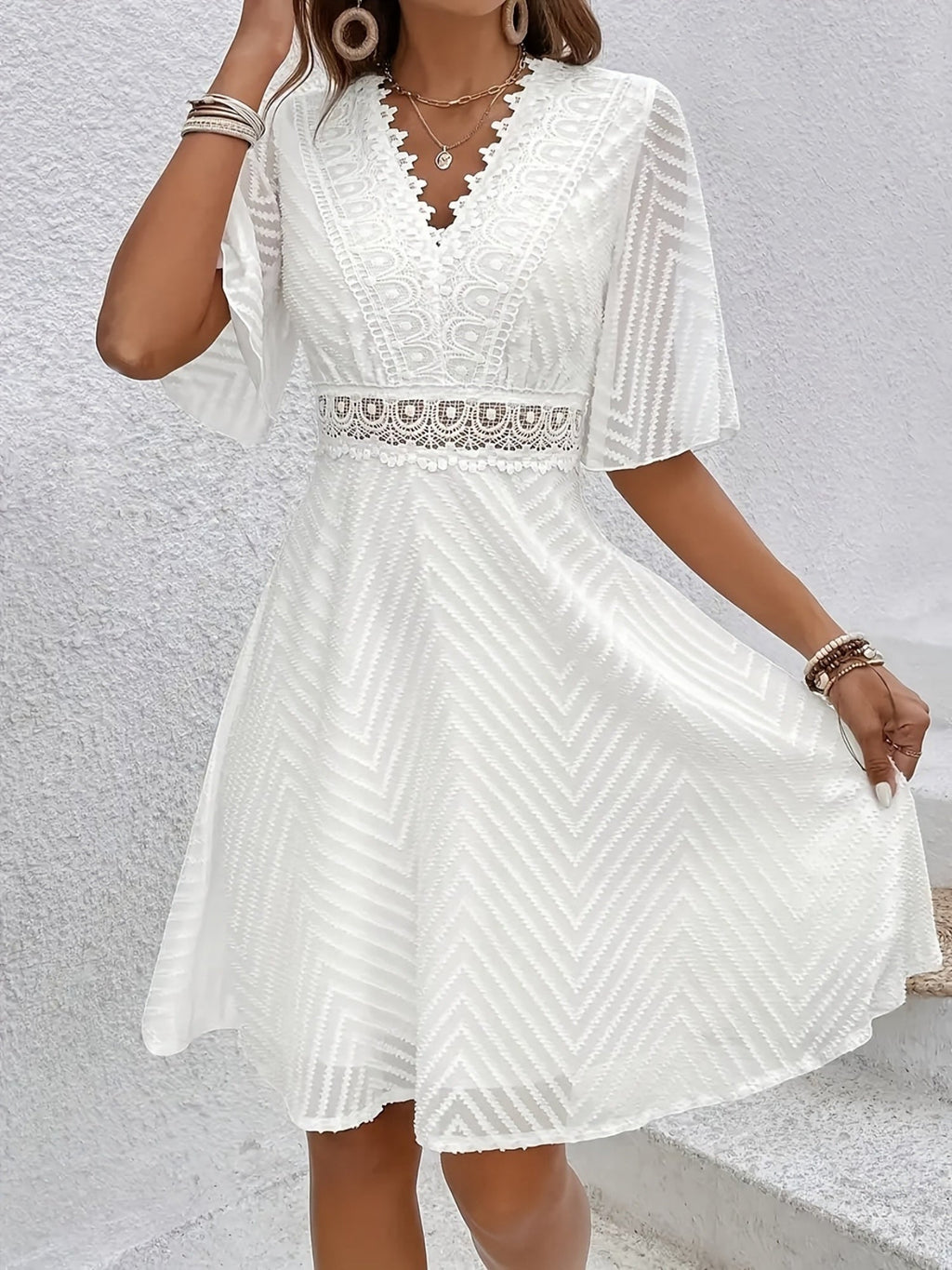 Lace Patchwork Hollow Out Stripes V-neck Short Sleeve Mini&Short Dresses