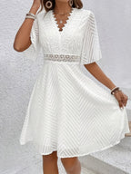 Lace Patchwork Hollow Out Stripes V-neck Short Sleeve Mini&Short Dresses