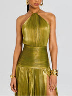 Metallic Halter Neck Style Crimp Slit Thin Strap Sleeveless Backless Cocktail Party Parties Formal Dress Long Dress