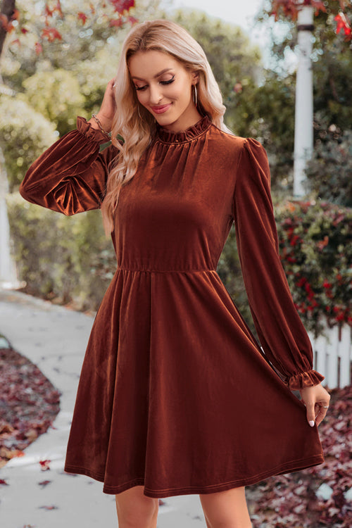 Velvet Ruffled Mock Neck Bishop Sleeve Elastic Waist A Line Mini Dress