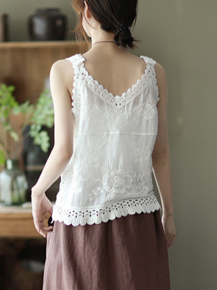 Cotton Linen Embroidered V-neck Camisole