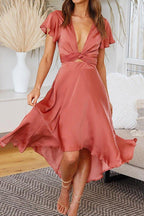 Deep V-Neck Tie Waist Flutter Sleeve Ruffled High-Low Midi Dress