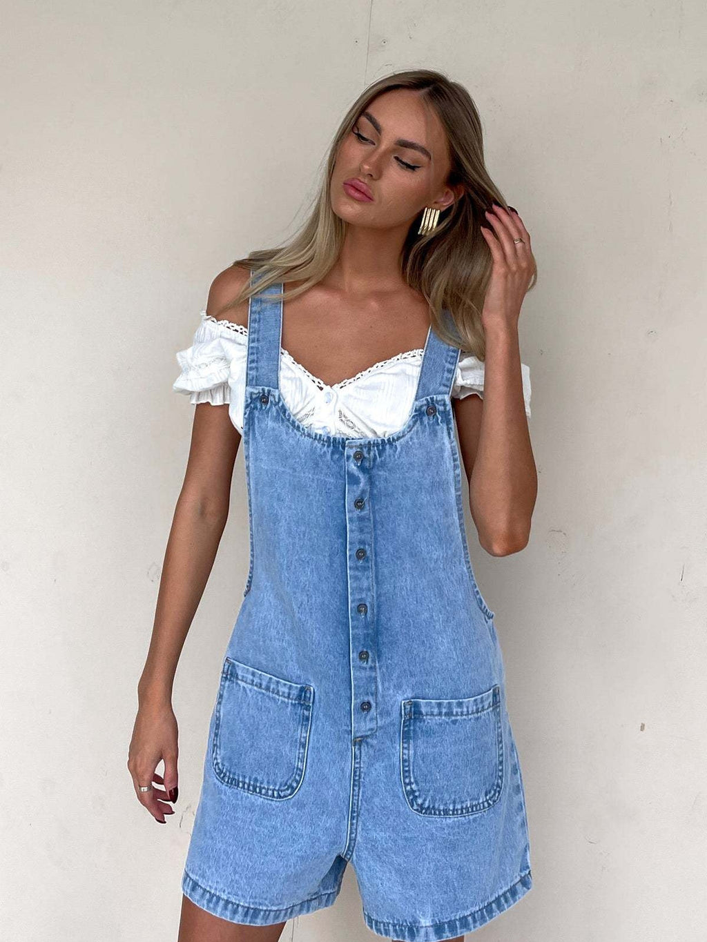 Straight-leg Denim Overalls Shorts