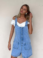 Straight-leg Denim Overalls Shorts