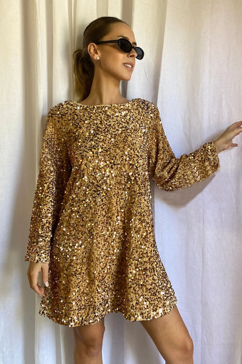 Long Sleeve Sequin Open Back Bow Detail Mini Dress