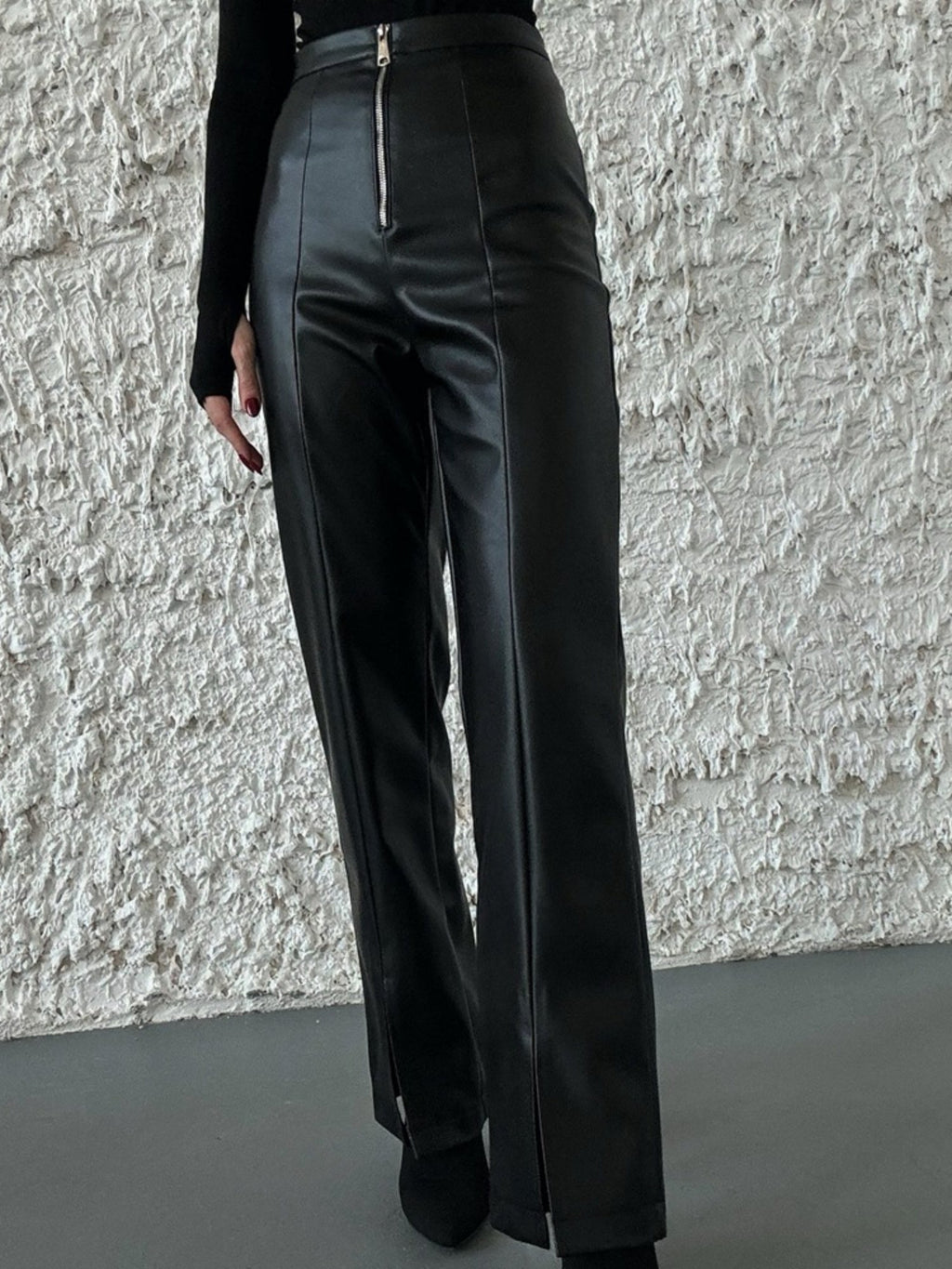 PU Leather Buttons High-waisted Slit Straight-leg Pants Pants