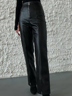 PU Leather Buttons High-waisted Slit Straight-leg Pants Pants