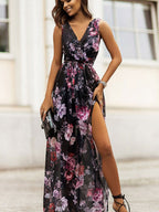 Wrap-up V-neck Bandage Slit Vacation And Leisure Maxi Dresses