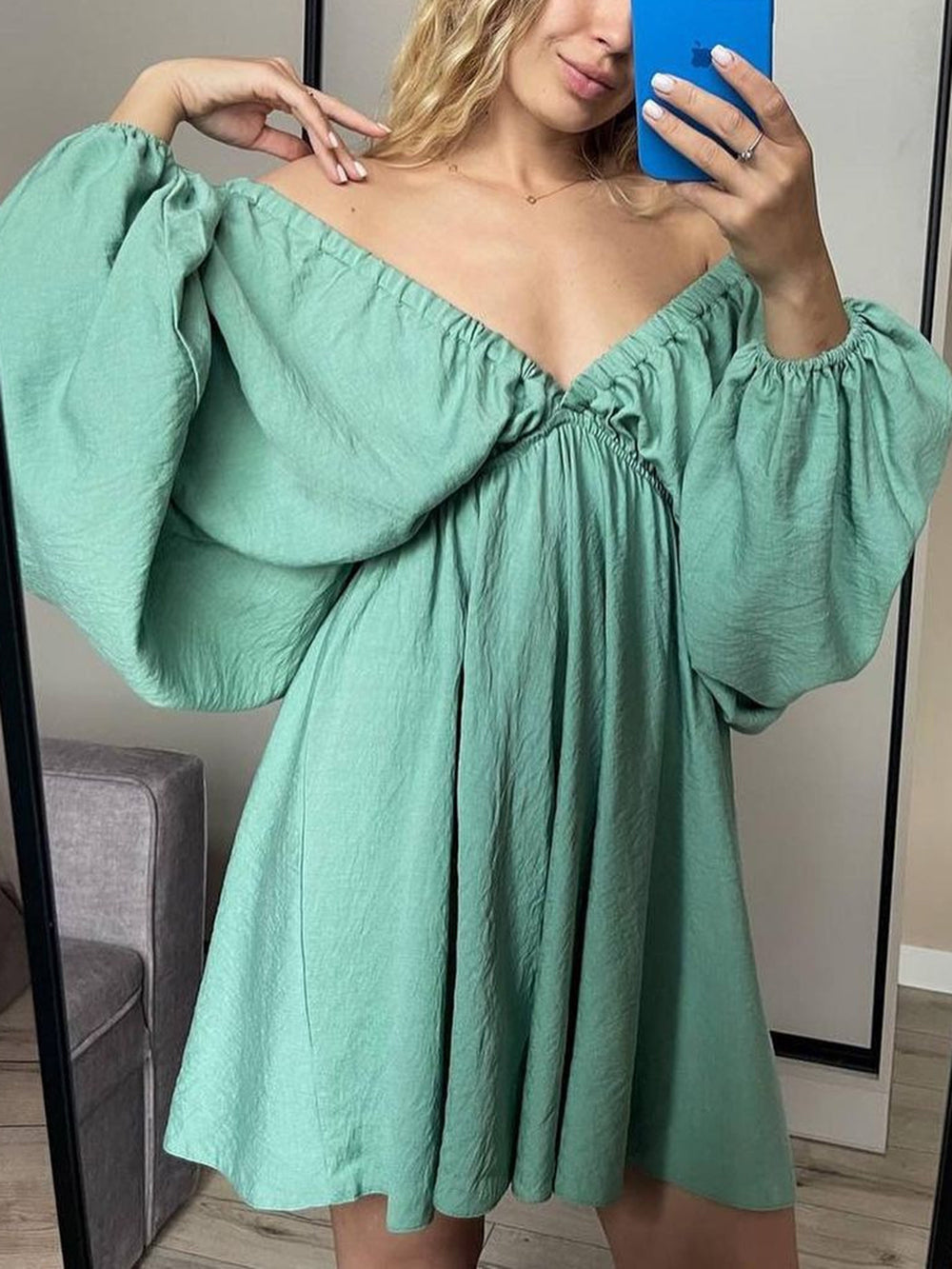 Deep V Neck Lantern Sleeve Pleated Waist Belted Mini Dress