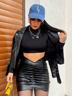 PU Leather Pleated Hip Wrap Skirts
